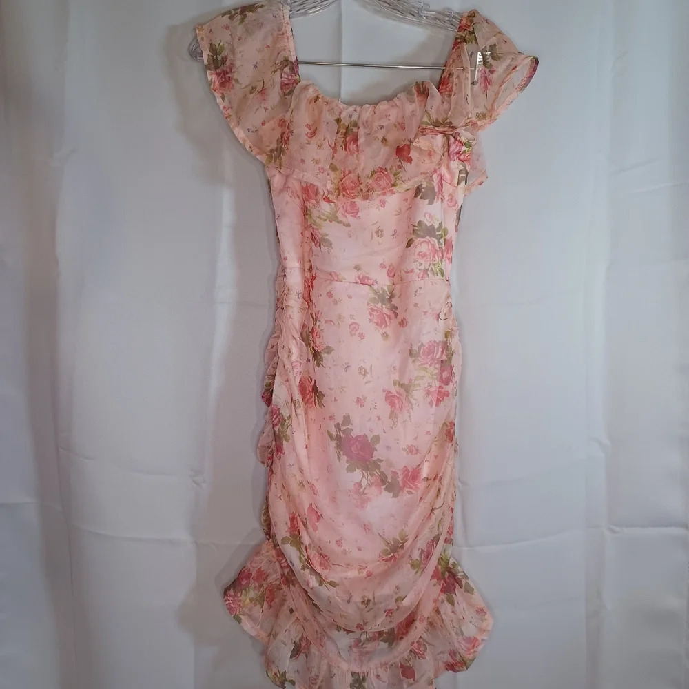 Yilibasha floral sheer dress with lining with ruched sides ruffled hem NWT